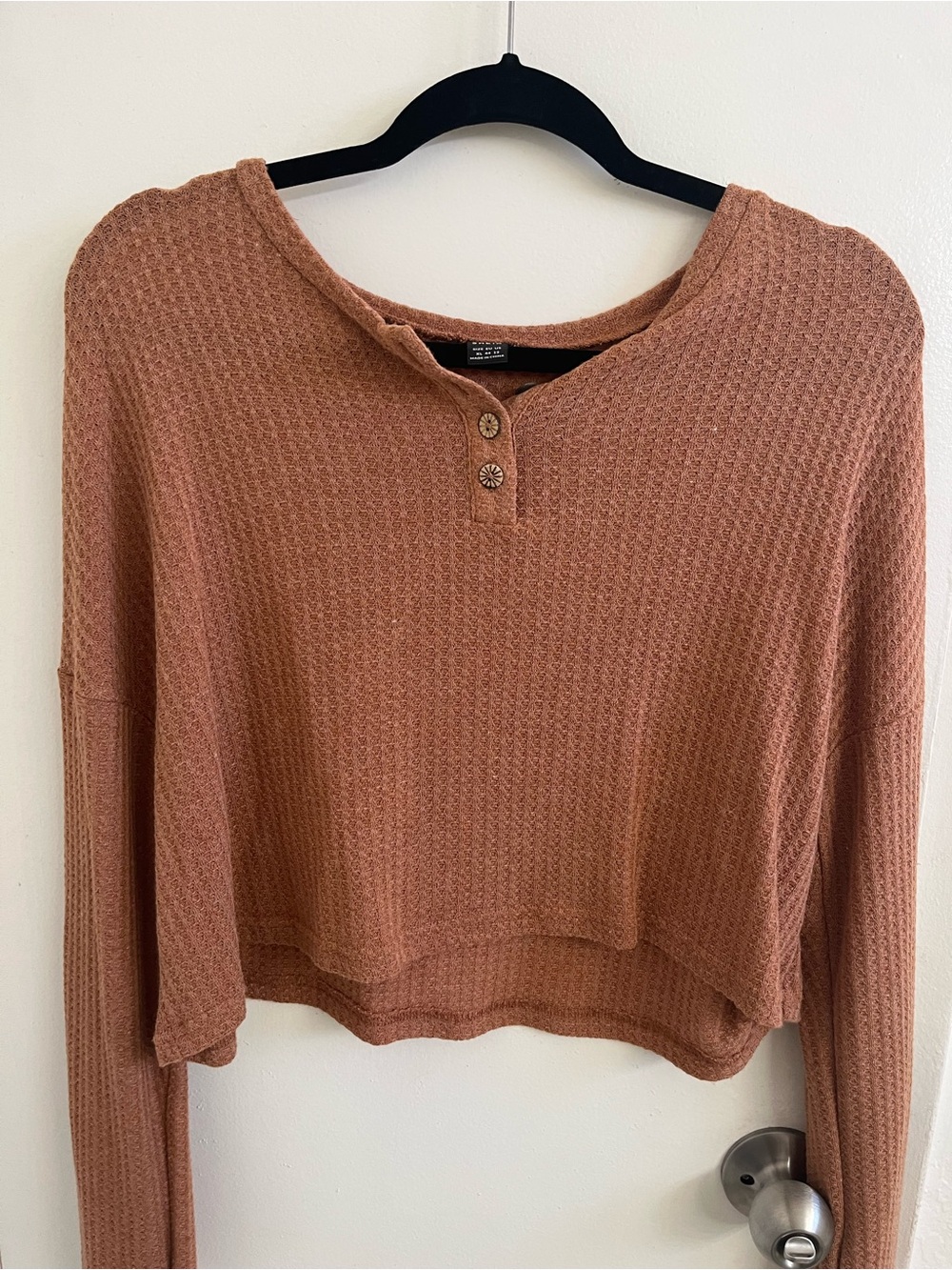 SHEIN Rust Waffle Knit Henley Crop Sweatshirt